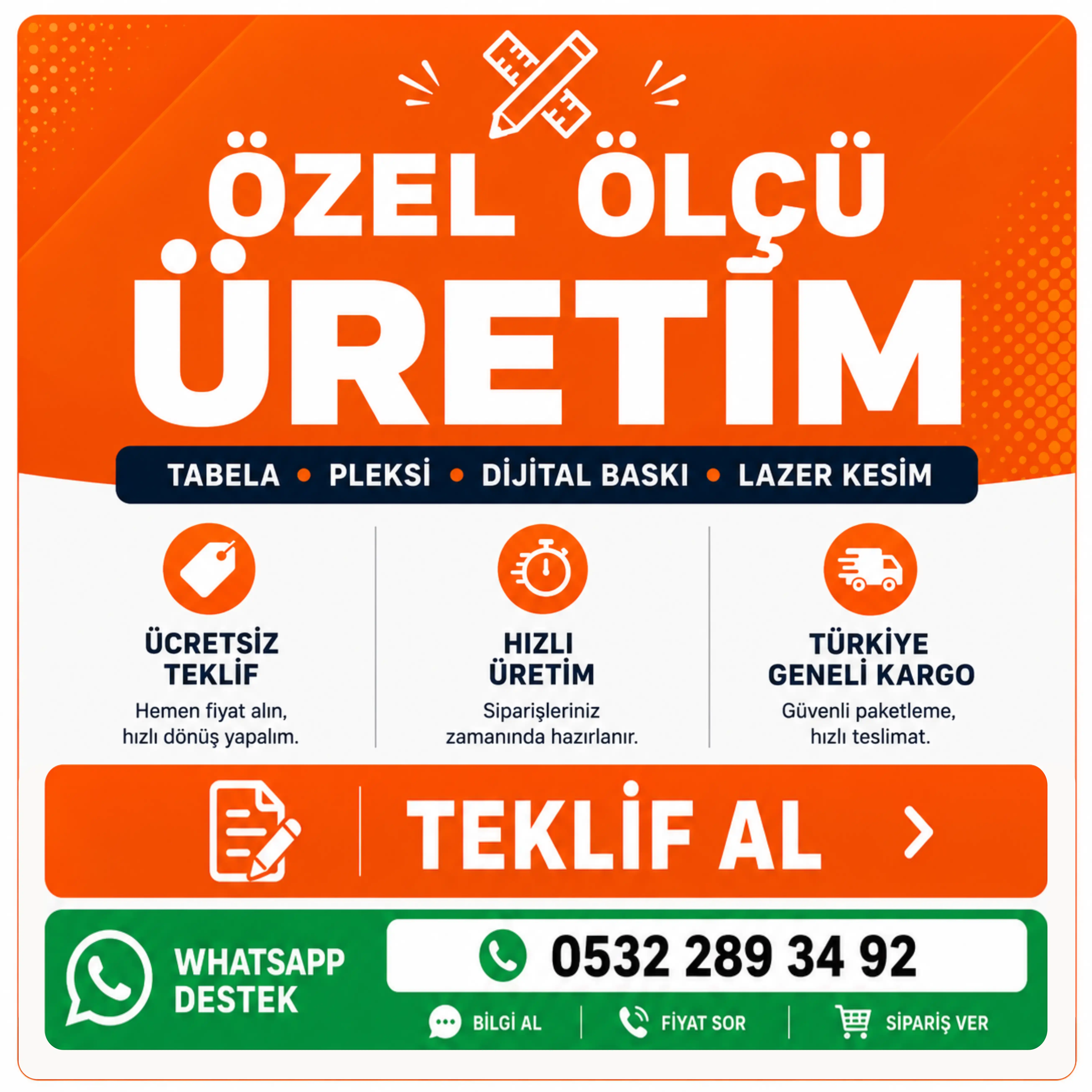 Özel ölçü tabela, pleksi, dijital baskı ve lazer kesim üretimi için WhatsApp destek hattı
