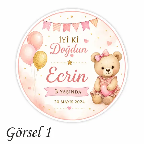 Kişiye Özel Ayıcıklı Doğum Günü Sticker Etiketi