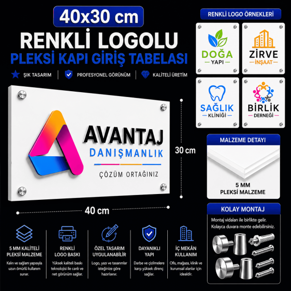 40x30 cm Renkli Logolu Pleksi Kapı Giriş Tabelası