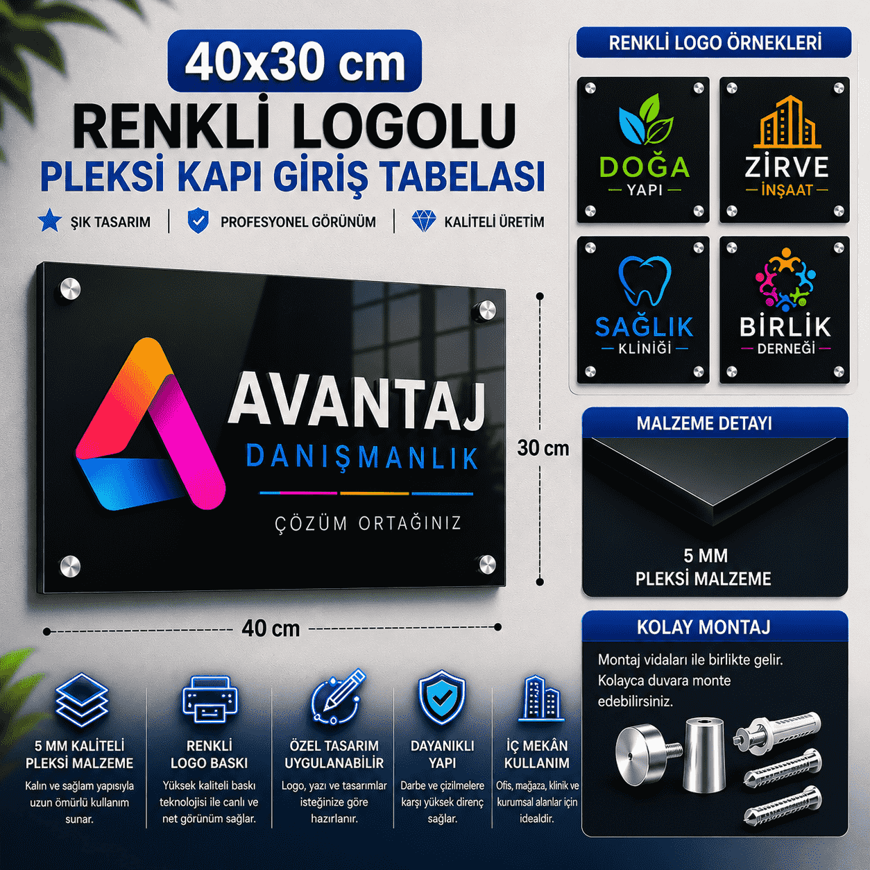 40x30 cm Renkli Logolu Pleksi Kapı Giriş Tabelası