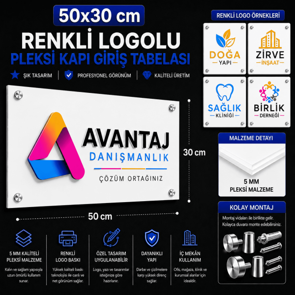 50x30 cm Renkli Logolu Pleksi Kapı Giriş Tabelası