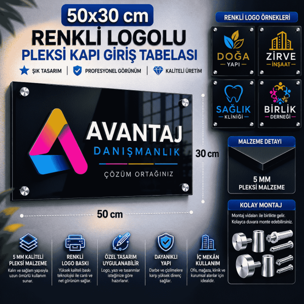 50x30 cm Renkli Logolu Pleksi Kapı Giriş Tabelası
