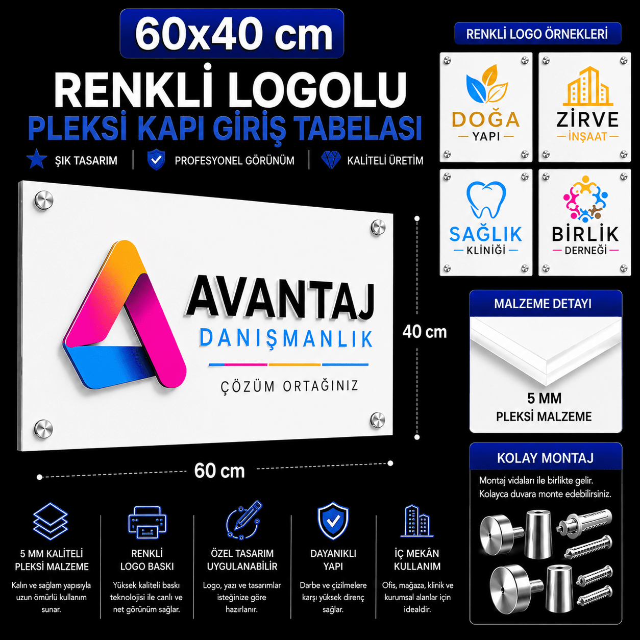 60x40 cm Renkli Logolu Pleksi Kapı Giriş Tabelası