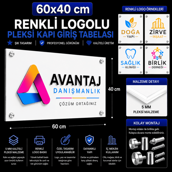 60x40 cm Renkli Logolu Pleksi Kapı Giriş Tabelası