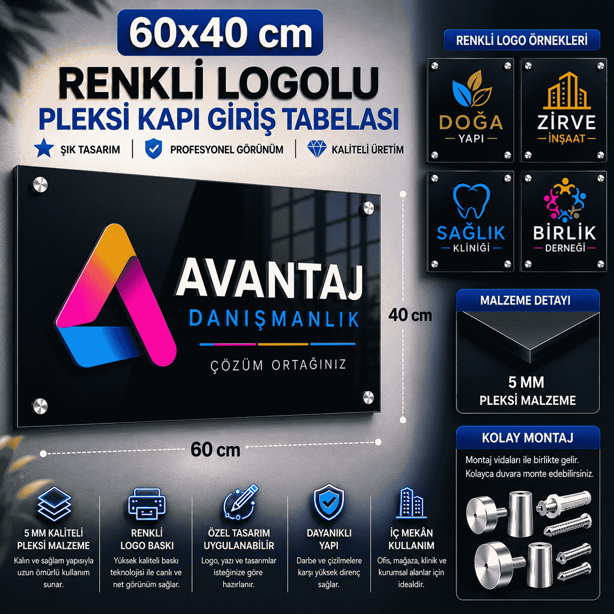 60x40 cm Renkli Logolu Pleksi Kapı Giriş Tabelası