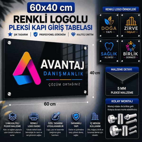 60x40 cm Renkli Logolu Pleksi Kapı Giriş Tabelası
