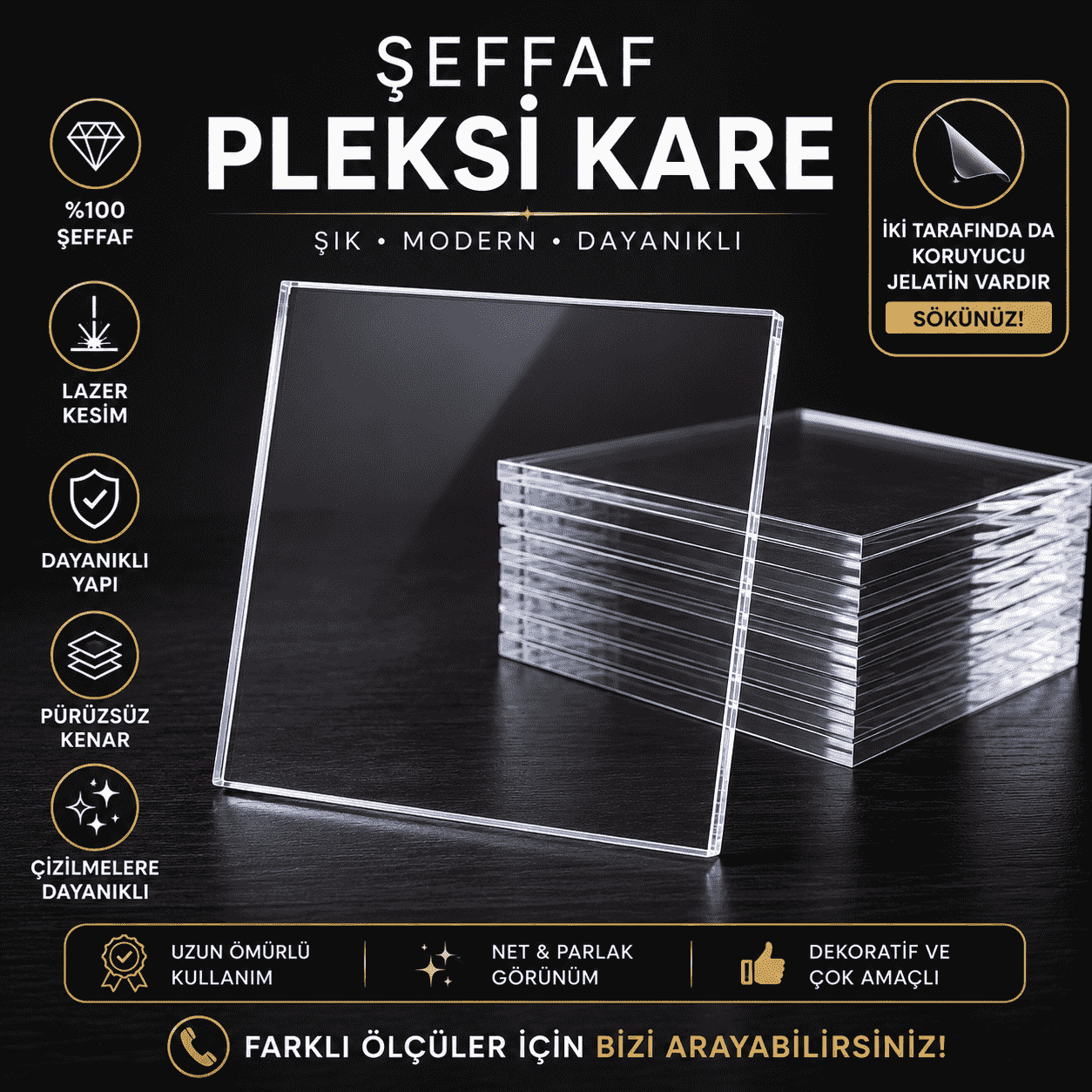 Şeffaf Pleksi Kare 50 Adet