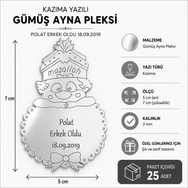 Kişiye Özel Maşallah Ayna Pleksi Bebek Magneti 5x7 cm