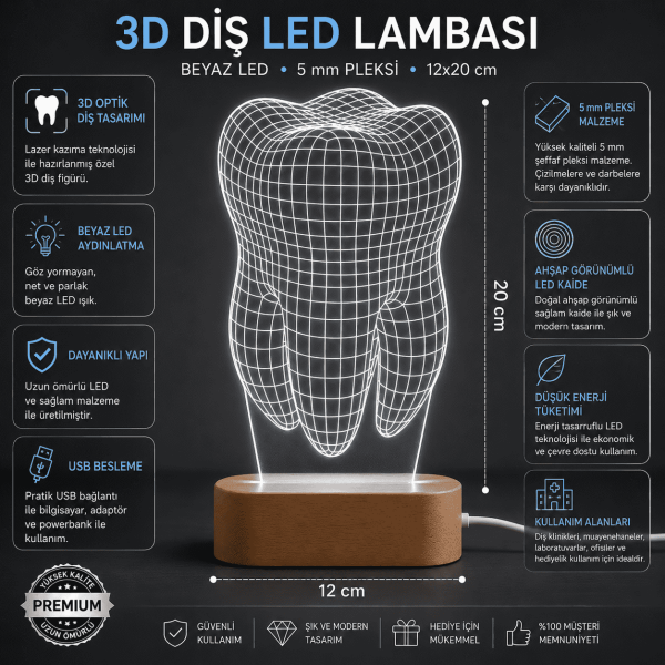 Diş Hekimi Ofisi İçin 3D Diş LED Gece Lambası 12x20 cm