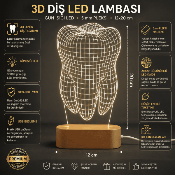 Diş Hekimi Ofisi İçin 3D Diş LED Gece Lambası 12x20 cm