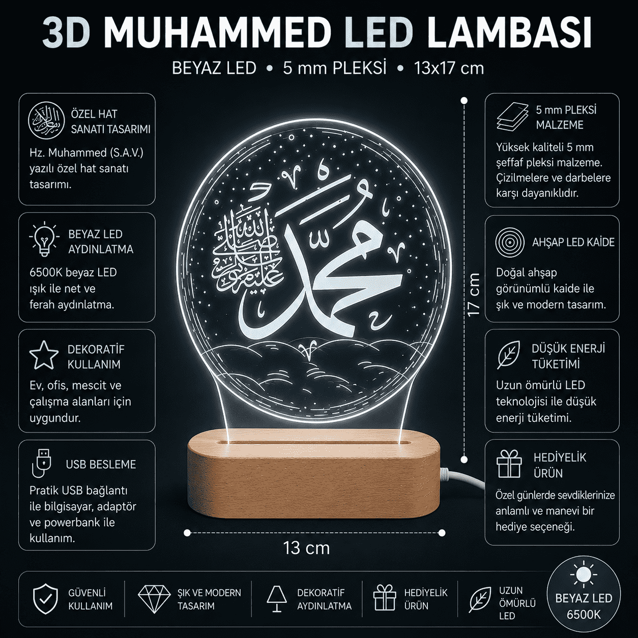 Muhammed Yazılı 3D LED Gece Lambası Ahşap Kaideli 13x17 cm