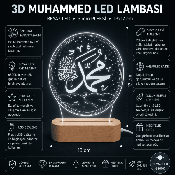 Muhammed Yazılı 3D LED Gece Lambası Ahşap Kaideli 13x17 cm