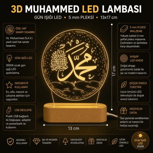 Muhammed Yazılı 3D LED Gece Lambası Ahşap Kaideli 13x17 cm