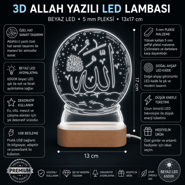 Allah Yazılı 3D LED Gece Lambası Ahşap Kaideli 13x17 cm