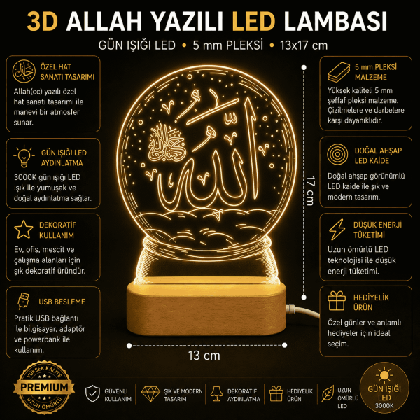 Allah Yazılı 3D LED Gece Lambası Ahşap Kaideli 13x17 cm