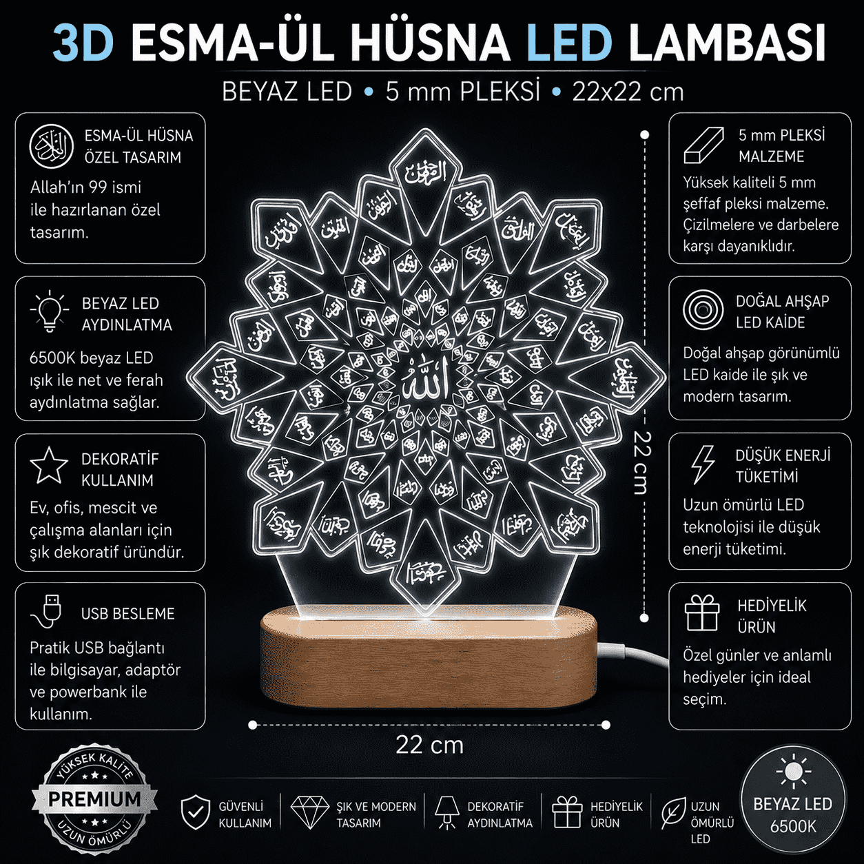 Esmaül Hüsna 3D LED Gece Lambası Ahşap Kaideli 22x22 cm