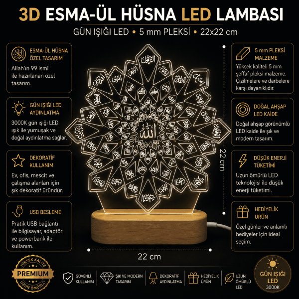 Esmaül Hüsna 3D LED Gece Lambası Ahşap Kaideli 22x22 cm