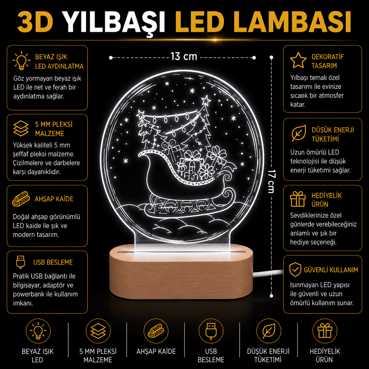 3D Yılbaşı LED Lambası Ahşap Kaideli 13x17 cm