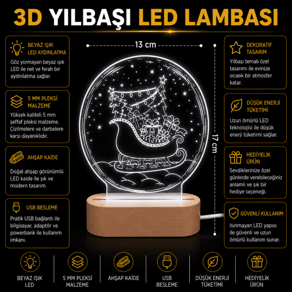 3D Yılbaşı LED Lambası Ahşap Kaideli 13x17 cm