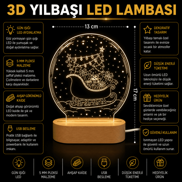 3D Yılbaşı LED Lambası Ahşap Kaideli 13x17 cm