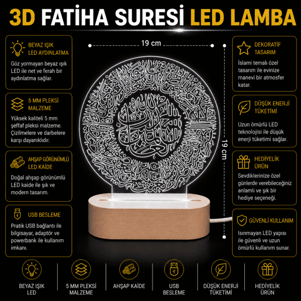 3D Fatiha Suresi LED Lamba Ahşap Kaideli 19x19 cm
