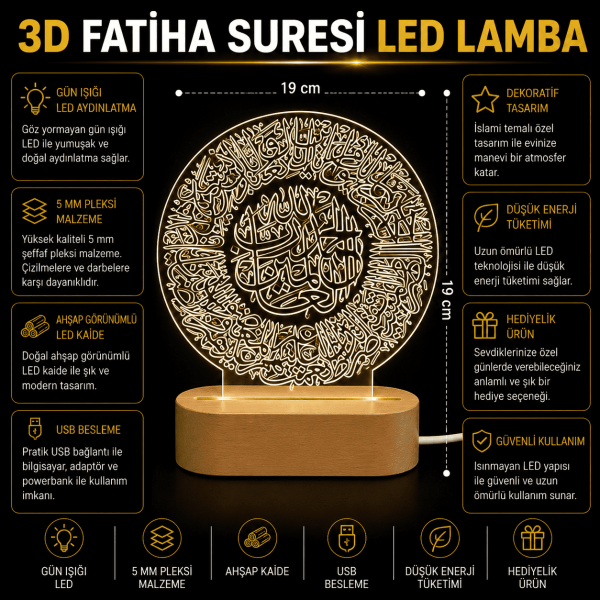 3D Fatiha Suresi LED Lamba Ahşap Kaideli 19x19 cm