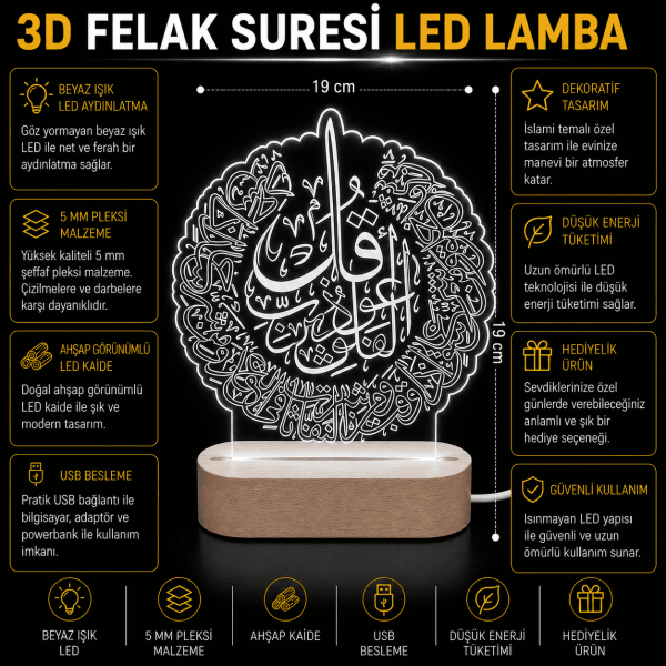 3D Felak Suresi LED Lamba Ahşap Kaideli 19x19 cm