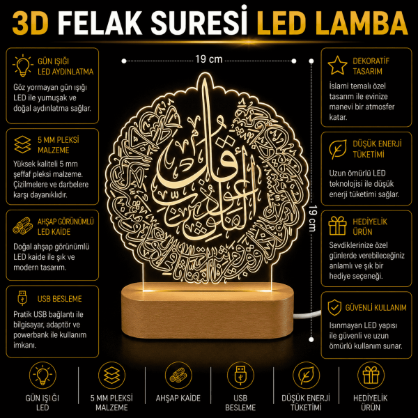 3D Felak Suresi LED Lamba Ahşap Kaideli 19x19 cm