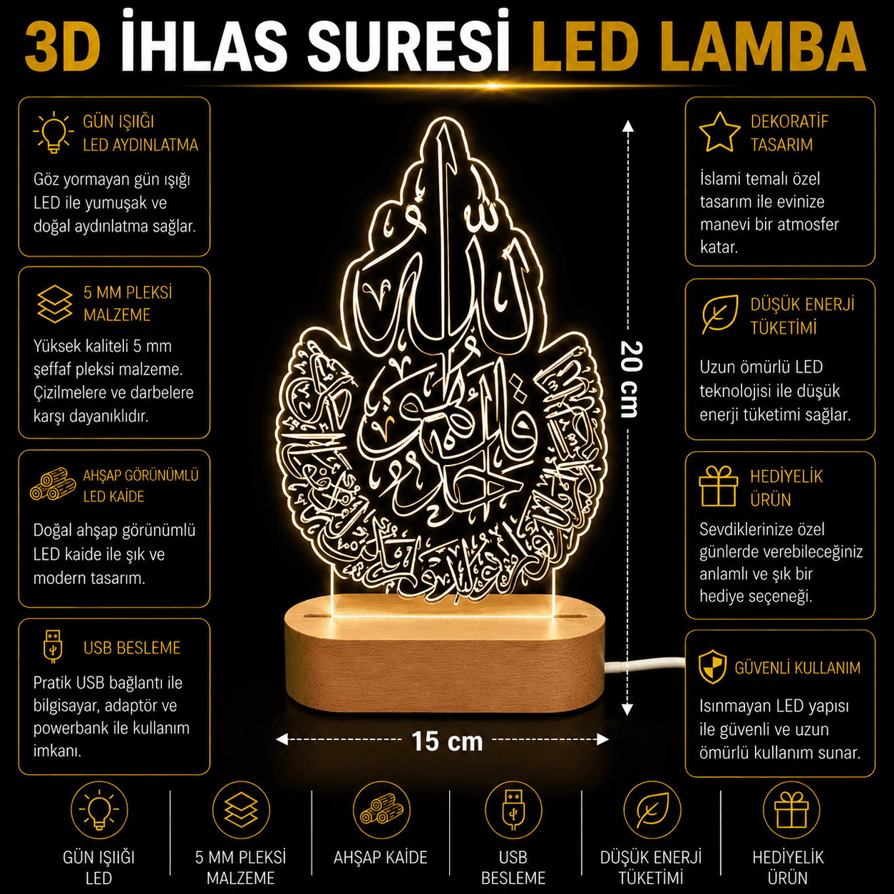 3D İhlas Suresi LED Lamba Ahşap Kaideli 15x20 cm