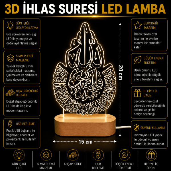 3D İhlas Suresi LED Lamba Ahşap Kaideli 15x20 cm
