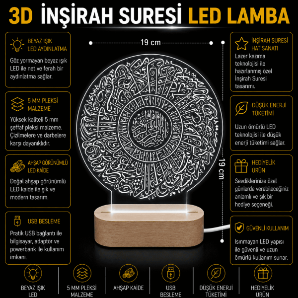 3D İnşirah Suresi LED Lamba Ahşap Kaideli 19x19 cm