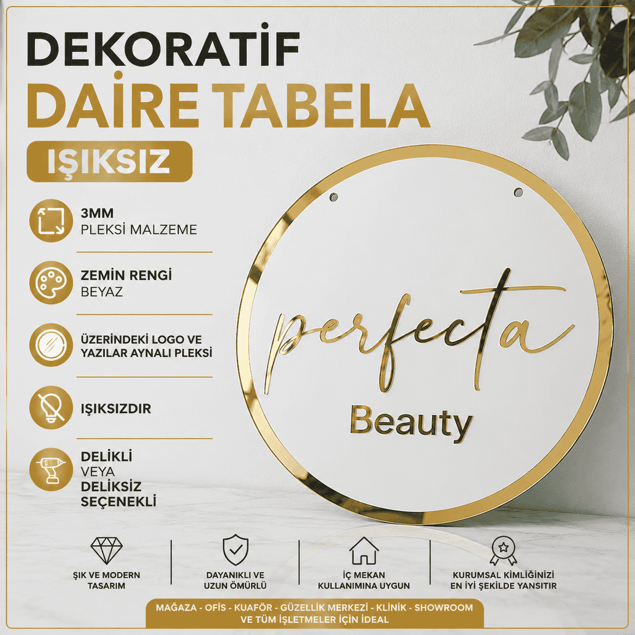 Gold Aynalı Pleksi Dekoratif Daire Tabela 3 mm Işıksız