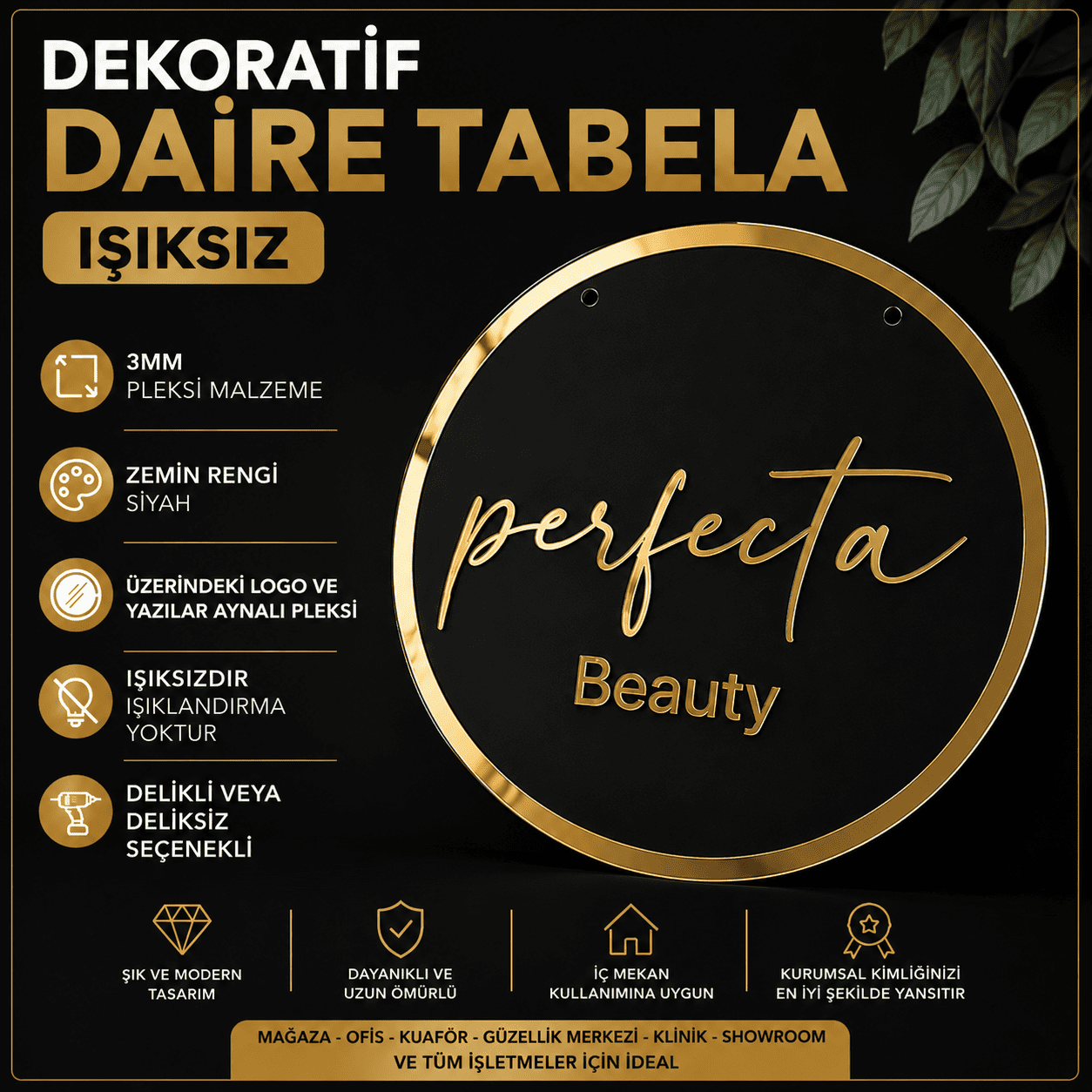 Gold Aynalı Pleksi Dekoratif Daire Tabela 3 mm Işıksız