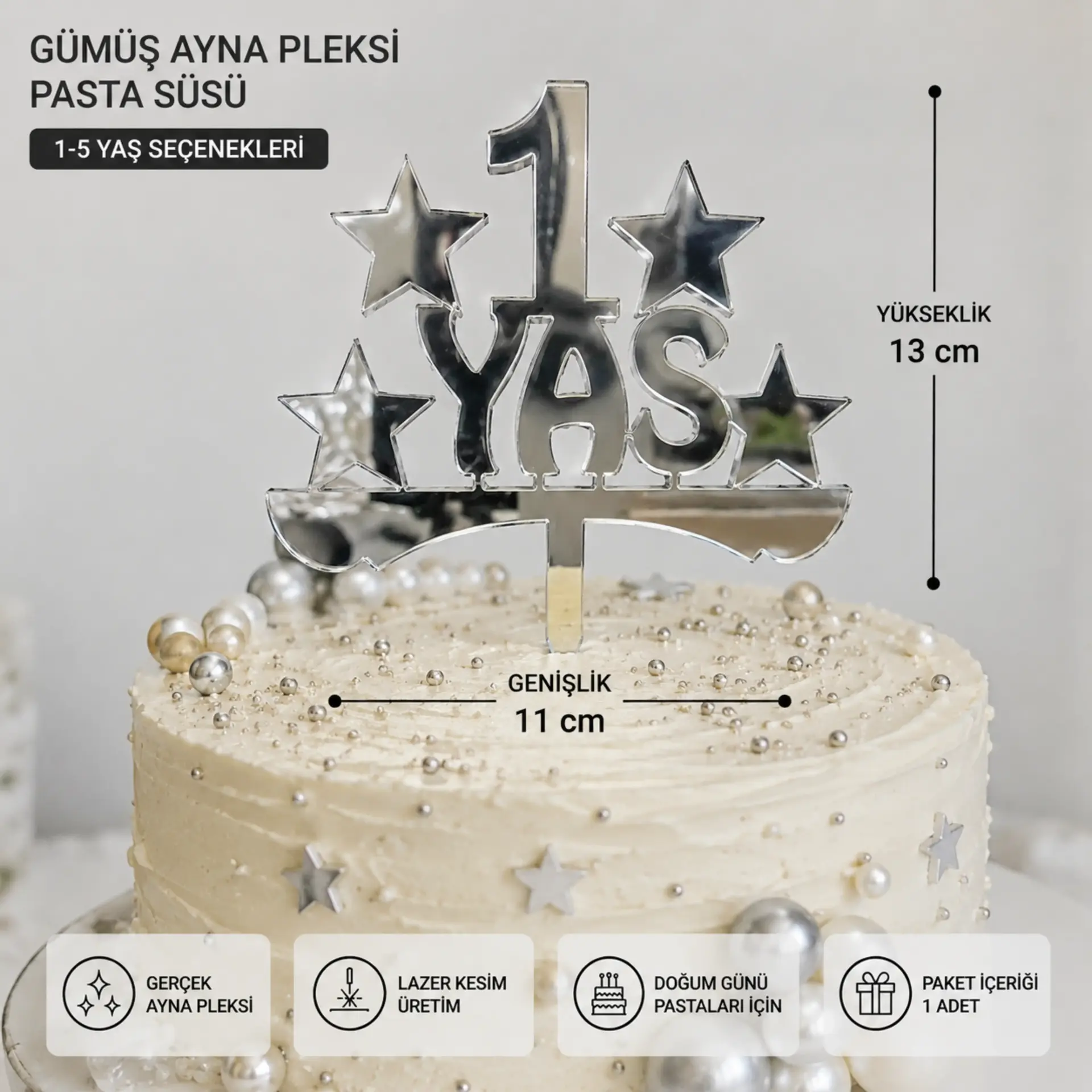 Gümüş Ayna Pleksi Yaş Pasta Süsü 11x13 cm