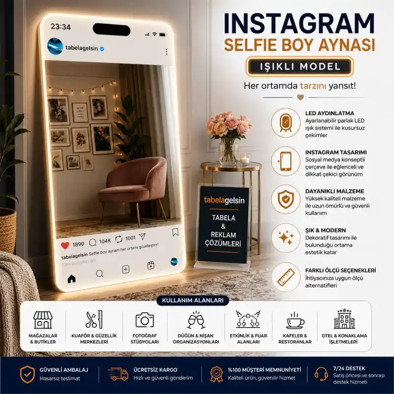 LED Işıklı Instagram Selfie Boy Aynası Dekoratif Ayna
