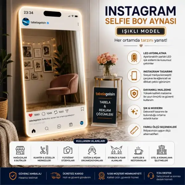 LED Işıklı Instagram Selfie Boy Aynası Dekoratif Ayna