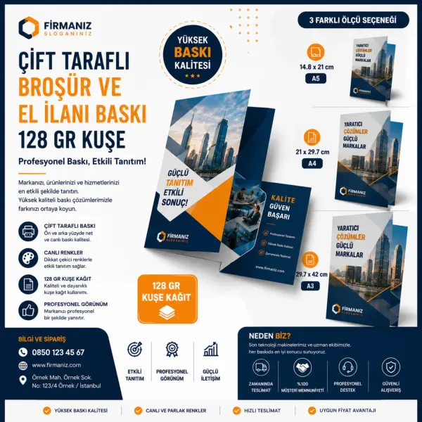 Çift Taraflı Broşür ve El İlanı Baskı 128 gr Kuşe