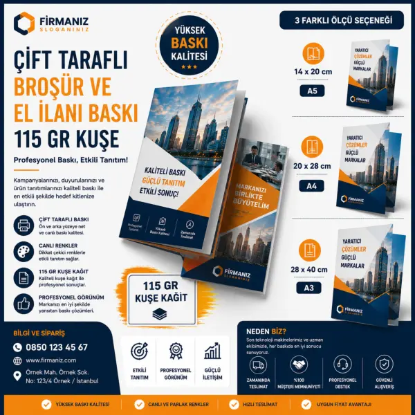 Çift Taraflı Broşür ve El İlanı Baskı 115 gr Kuşe