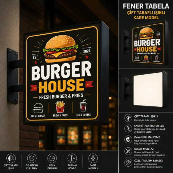 Kare Çift Taraflı Işıklı Fener Tabela
