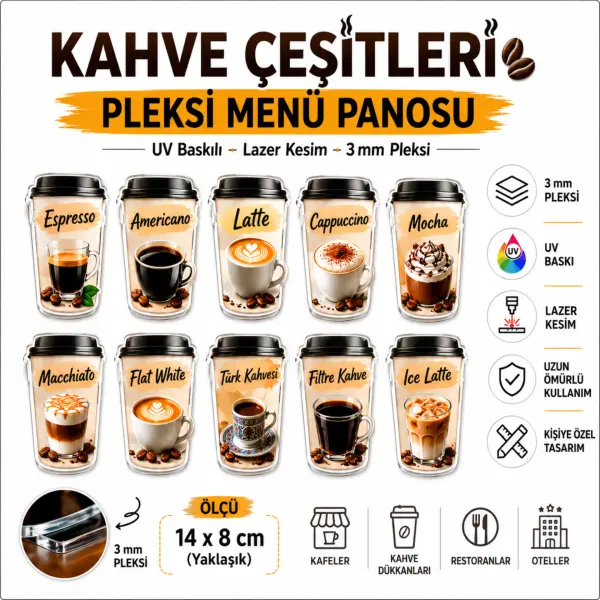 UV Baskılı Kahve Çeşitleri Pleksi Menü Panosu