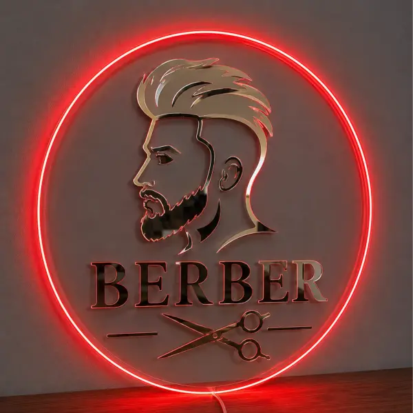 Berber LED Neon Tabela Şeffaf Pleksi Işıklı Duvar Tabelası