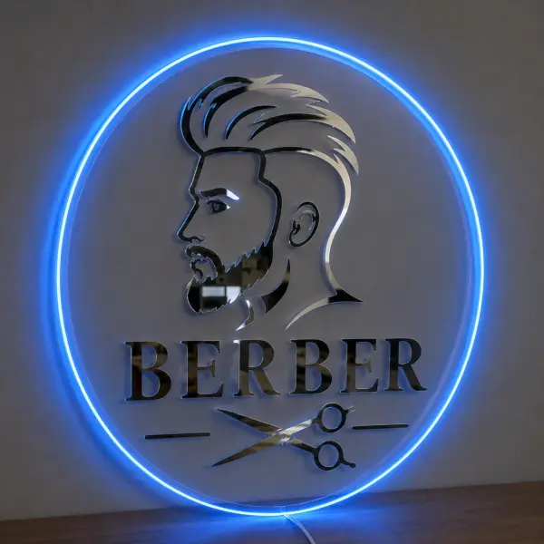 Berber LED Neon Tabela Şeffaf Pleksi Işıklı Duvar Tabelası