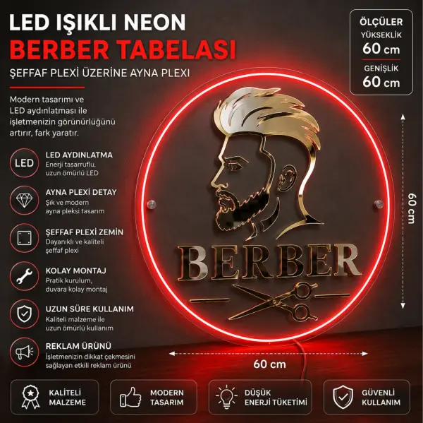 Berber LED Neon Tabela Şeffaf Pleksi Işıklı Duvar Tabelası