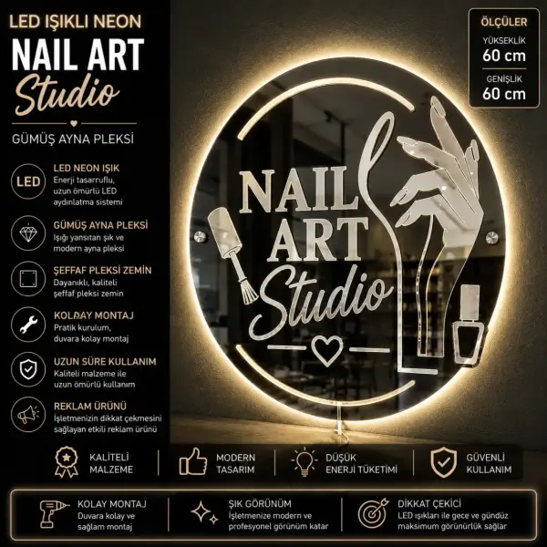 Nail Art Studio LED Neon Siyah Pleksi Duvar Tabelası