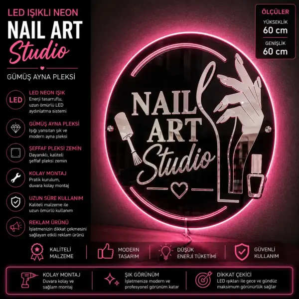Nail Art Studio LED Neon Siyah Pleksi Duvar Tabelası