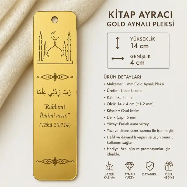 Aynalı Pleksi Kitap Ayracı Lazer Kazımalı Dualı