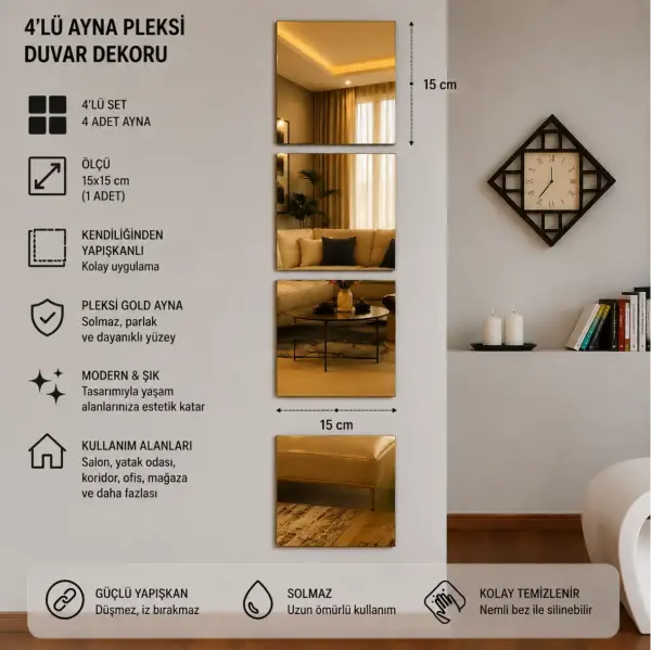 4'lü Aynalı Pleksi Duvar Dekoru