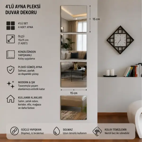 4'lü Aynalı Pleksi Duvar Dekoru