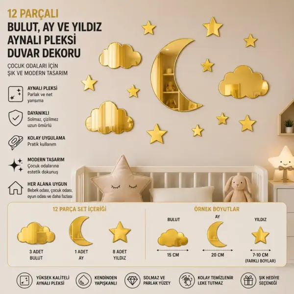 Çocuk Odası Bulut Ay Yıldız Pleksi Duvar Dekoru