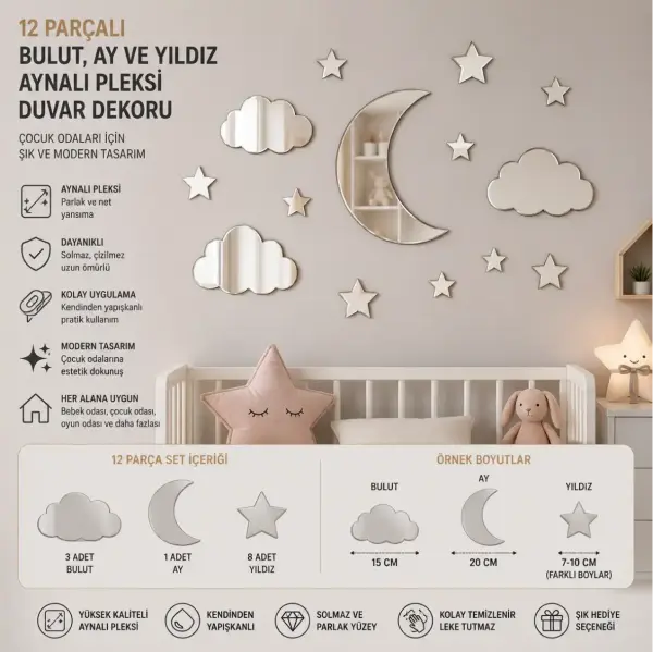 Çocuk Odası Bulut Ay Yıldız Pleksi Duvar Dekoru